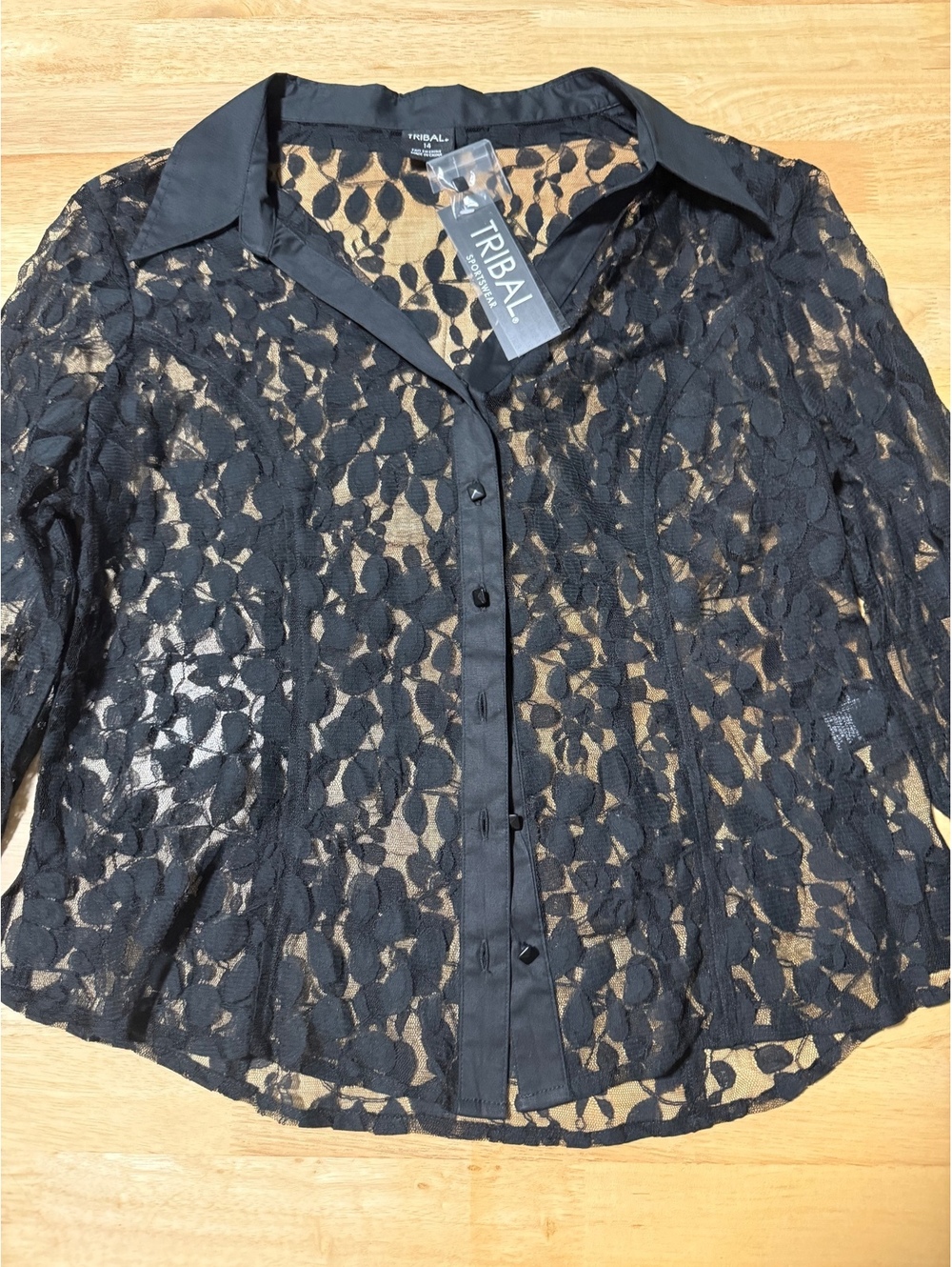 Tribal Sportswear Women’s Size 14 Black Sheer Lace Button Down Blouse NWT